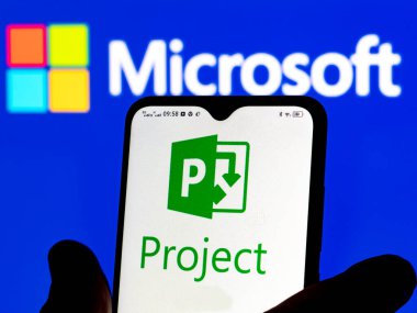 Kiev, Ukraine - January 9, 2022:  In this photo illustration Microsoft Project logo seen displayed on a smartphone
