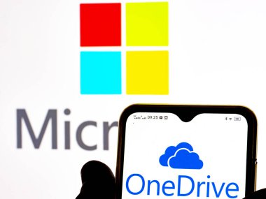 Kiev, Ukraine - January 10, 2022: In this photo illustration Microsoft OneDrive logo seen displayed on a smartphone