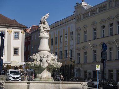 Passau, Bavaria, Germany - May 3, 2022: The listed Wittelsbacherbrunnen fountain at the Residenzplatz