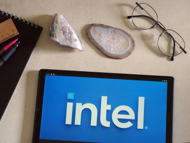 Garham, Bavyera, Almanya - 8 Haziran 2022: Bu resimde Intel Corporation logosu bir tablette sergilenmektedir