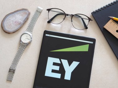 Garham, Bavyera, Almanya - 13 Haziran 2022: Bu resimde Ernst & Young logosu bir tablette sergilenmektedir