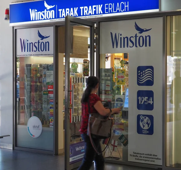 Wels Ausatria August 2022 Woman Walks Tobacco Shop Advertises Winston — ストック写真