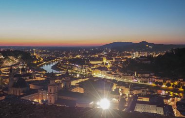 Aerial view of Salzburg at night, Austria