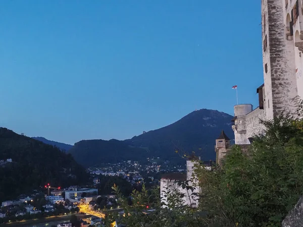 Aerial View Salzburg Night Hohensalzburg Fortress Austria — Stock fotografie