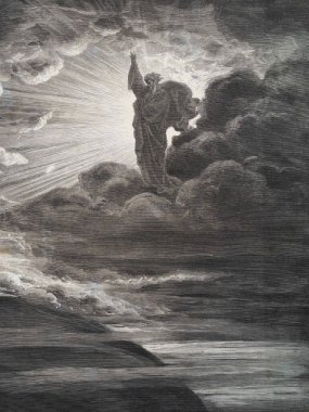 Dünyanın sonu geldi. Illustration by Gustave Dore from the third edition of the Bible translated by Ludwig Philippson, 1870, Stuttgart, Germany. Orijinal çizimler 1850-1853 döneminde yapılmıştır..