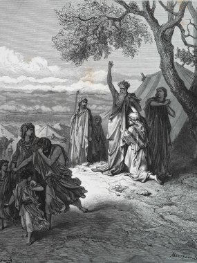 Noah Ham 'i lanetliyor. Illustration by Gustave Dore from the third edition of the Bible translated by Ludwig Philippson, 1870, Stuttgart, Germany. Orijinal çizimler 1850-1853 döneminde yapılmıştır..