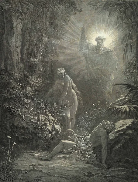 エバの祝福です ドイツのシュトゥットガルトで1870年に翻訳された第3版聖書のギュスターヴ ドーアのイラスト 原画は嘉永3年 1850年 嘉永6年 1853年 — ストック写真