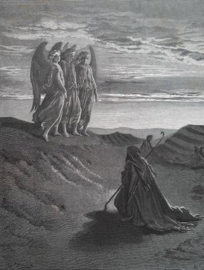 Abraham 'ın yanındaki üç Engel. Illustration by Gustave Dore from the third edition of the Bible translated by Ludwig Philippson, 1870, Stuttgart, Germany. Orijinal çizimler 1850-1853 döneminde yapılmıştır..