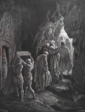 Sarah 'nın cenazesi. Illustration by Gustave Dore from the third edition of the Bible translated by Ludwig Philippson, 1870, Stuttgart, Germany. Orijinal çizimler 1850-1853 döneminde yapılmıştır..