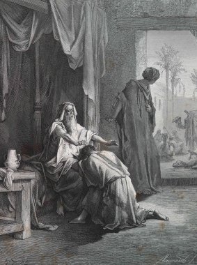 Isaac Jacob 'ı korusun. Illustration by Gustave Dore from the third edition of the Bible translated by Ludwig Philippson, 1870, Stuttgart, Germany. Orijinal çizimler 1850-1853 döneminde yapılmıştır..