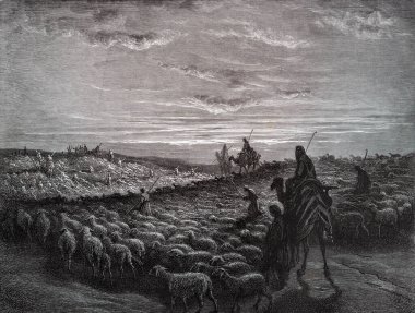 Abraham Canaan 'a taşınır. Illustration by Gustave Dore from the third edition of the Bible translated by Ludwig Philippson, 1870, Stuttgart, Germany. Orijinal çizimler 1850-1853 döneminde yapılmıştır..