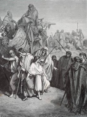Yusuf, kardeşi Genesis tarafından satıldı. Illustration by Gustave Dore from the third edition of the Bible translated by Ludwig Philippson, 1870, Stuttgart, Germany. Orijinal çizimler 1850-1853 döneminde yapılmıştır..