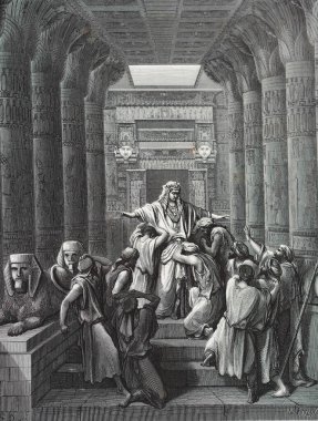 Jaseph kendini kardeşlerine gösterir. Illustration by Gustave Dore from the third edition of the Bible translated by Ludwig Philippson, 1870, Stuttgart, Germany. Orijinal çizimler 1850-1853 döneminde yapılmıştır..