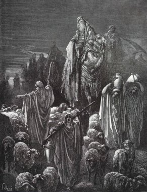 Jacob Mısır 'a bakıyor. Illustration by Gustave Dore from the third edition of the Bible translated by Ludwig Philippson, 1870, Stuttgart, Germany. Orijinal çizimler 1850-1853 döneminde yapılmıştır..