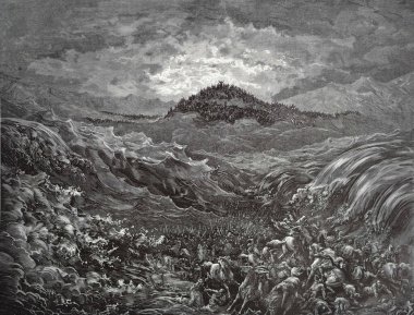 Pharao 'nun Kızıl Deniz' deki yaklaşımı. Illustration by Gustave Dore from the third edition of the Bible translated by Ludwig Philippson, 1870, Stuttgart, Germany. Orijinal çizimler 1850-1853 döneminde yapılmıştır..
