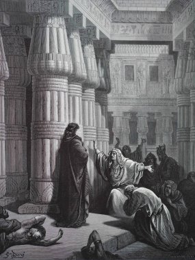 Firavun Musa 'ya Mısır' ı terk etmesini söyledi. Illustration by Gustave Dore from the third edition of the Bible translated by Ludwig Philippson, 1870, Stuttgart, Germany. Orijinal çizimler 1850-1853 döneminde yapılmıştır..