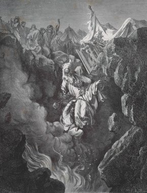 Korah ve çetesini cezalandırmak için. Illustration by Gustave Dore from the third edition of the Bible translated by Ludwig Philippson, 1870, Stuttgart, Germany. Orijinal çizimler 1850-1853 döneminde yapılmıştır..