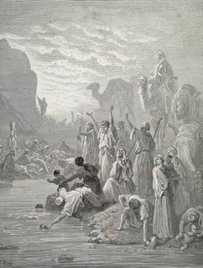 Kayadaki su. Illustration by Gustave Dore from the third edition of the Bible translated by Ludwig Philippson, 1870, Stuttgart, Germany. Orijinal çizimler 1850-1853 döneminde yapılmıştır..