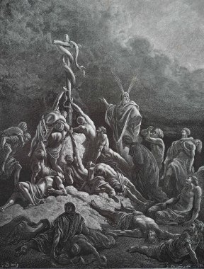 Brasen Yılanı. Illustration by Gustave Dore from the third edition of the Bible translated by Ludwig Philippson, 1870, Stuttgart, Germany. Orijinal çizimler 1850-1853 döneminde yapılmıştır..