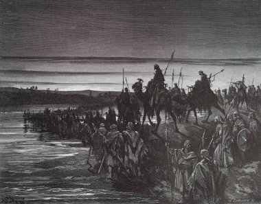 İsrailliler Ürdün 'den geçiyor. Illustration by Gustave Dore from the third edition of the Bible translated by Ludwig Philippson, 1870, Stuttgart, Germany. Orijinal çizimler 1850-1853 döneminde yapılmıştır..