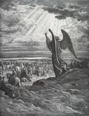 Meleğin hayaleti. Illustration by Gustave Dore from the third edition of the Bible translated by Ludwig Philippson, 1870, Stuttgart, Germany. Orijinal çizimler 1850-1853 döneminde yapılmıştır..