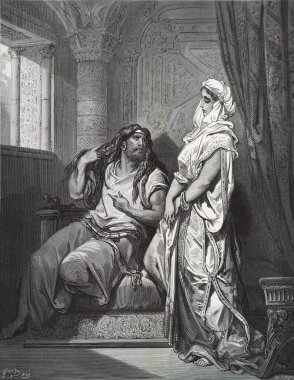 Samson ve Delilah (Dalila). Illustration by Gustave Dore from the third edition of the Bible translated by Ludwig Philippson, 1870, Stuttgart, Germany. Orijinal çizimler 1850-1853 döneminde yapılmıştır..