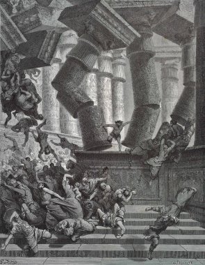 Samson 'ın ölümü. Illustration by Gustave Dore from the third edition of the Bible translated by Ludwig Philippson, 1870, Stuttgart, Germany. Orijinal çizimler 1850-1853 döneminde yapılmıştır..
