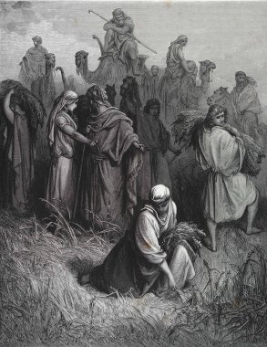 Orakçıların arasında Ruth var. Illustration by Gustave Dore from the third edition of the Bible translated by Ludwig Philippson, 1870, Stuttgart, Germany. Orijinal çizimler 1850-1853 döneminde yapılmıştır..