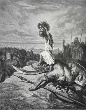 Calut 'un kellesini taşıyan Davut. Illustration by Gustave Dore from the third edition of the Bible translated by Ludwig Philippson, 1870, Stuttgart, Germany. Orijinal çizimler 1850-1853 döneminde yapılmıştır..