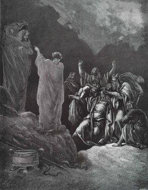 Saul ve Büyücü. Illustration by Gustave Dore from the third edition of the Bible translated by Ludwig Philippson, 1870, Stuttgart, Germany. Orijinal çizimler 1850-1853 döneminde yapılmıştır..