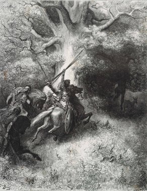 Abssalum 'un ölümü. Illustration by Gustave Dore from the third edition of the Bible translated by Ludwig Philippson, 1870, Stuttgart, Germany. Orijinal çizimler 1850-1853 döneminde yapılmıştır..