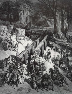Lübnan 'ın tapınak inşaatı için cedaları. Illustration by Gustave Dore from the third edition of the Bible translated by Ludwig Philippson, 1870, Stuttgart, Germany. Orijinal çizimler 1850-1853 döneminde yapılmıştır..
