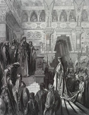 Süleyman Kraliçe 'yi kabul ediyor. Illustration by Gustave Dore from the third edition of the Bible translated by Ludwig Philippson, 1870, Stuttgart, Germany. Orijinal çizimler 1850-1853 döneminde yapılmıştır..