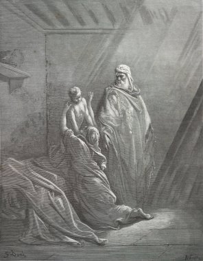 Elias, Witme 'nin oğlunu büyütüyor. Illustration by Gustave Dore from the third edition of the Bible translated by Ludwig Philippson, 1870, Stuttgart, Germany. Orijinal çizimler 1850-1853 döneminde yapılmıştır..