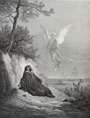 Elias ve melek. Illustration by Gustave Dore from the third edition of the Bible translated by Ludwig Philippson, 1870, Stuttgart, Germany. Orijinal çizimler 1850-1853 döneminde yapılmıştır..