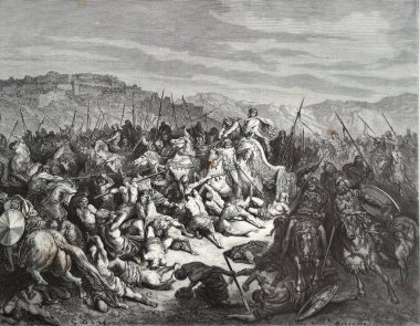 Ahub Suriyelileri yeniyor. Illustration by Gustave Dore from the third edition of the Bible translated by Ludwig Philippson, 1870, Stuttgart, Germany. Orijinal çizimler 1850-1853 döneminde yapılmıştır..