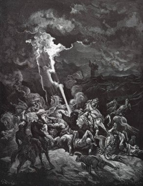 Elias cennetten ateş düşürür. Illustration by Gustave Dore from the third edition of the Bible translated by Ludwig Philippson, 1870, Stuttgart, Germany. Orijinal çizimler 1850-1853 döneminde yapılmıştır..