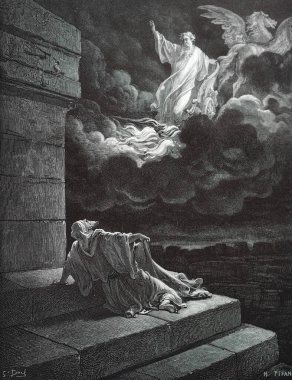 Elias, Ateş Arabası 'na biniyor. Illustration by Gustave Dore from the third edition of the Bible translated by Ludwig Philippson, 1870, Stuttgart, Germany. Orijinal çizimler 1850-1853 döneminde yapılmıştır..