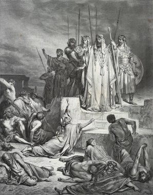 Samarya 'da Chenrung. Illustration by Gustave Dore from the third edition of the Bible translated by Ludwig Philippson, 1870, Stuttgart, Germany. Orijinal çizimler 1850-1853 döneminde yapılmıştır..