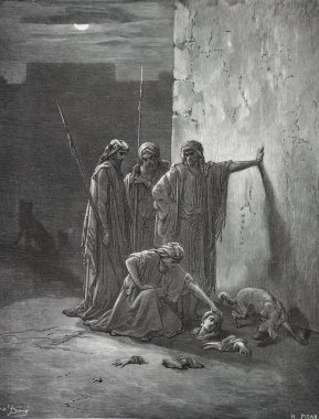 Jehu 'nun yoldaşları Jezebel' in (Jezabel 'in) yaban domuzunu hatırlatıyorlar. Illustration by Gustave Dore from the third edition of the Bible translated by Ludwig Philippson, 1870, Stuttgart, Germany. Orijinal çizimler 1850-1853 döneminde yapılmıştır..