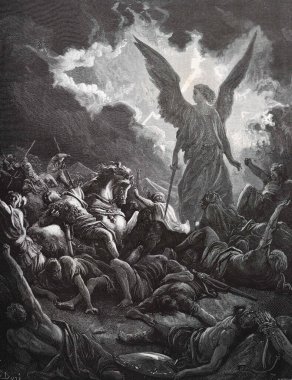 Tanrı 'nın Anghel' i Asurlu orduyu yendi. Illustration by Gustave Dore from the third edition of the Bible translated by Ludwig Philippson, 1870, Stuttgart, Germany. Orijinal çizimler 1850-1853 döneminde yapılmıştır..