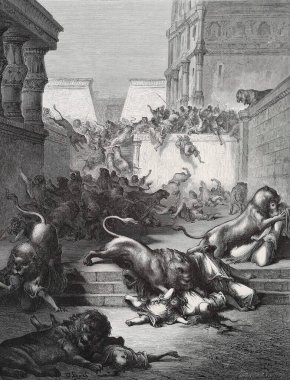 Samarya 'daki yabancılar Lyonlar tarafından öldürülüyor. Illustration by Gustave Dore from the third edition of the Bible translated by Ludwig Philippson, 1870, Stuttgart, Germany. Orijinal çizimler 1850-1853 döneminde yapılmıştır..
