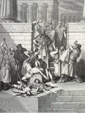 Nebuchadhezzar (Nabuchodonosor), Zedekiah 'ın (Sedekia' nın) çocuklarını katletti. Illustration by Gustave Dore from the third edition of the Bible translated by Ludwig Philippson, 1870, Stuttgart, Germany. Orijinal illüstrasyonlar p içinde oluşturuldu