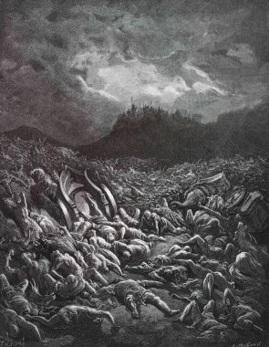 Jehoshaphat 'ın Amonitlere ve Moabitlere karşı zaferi. Illustration by Gustave Dore from the third edition of the Bible translated by Ludwig Philippson, 1870, Stuttgart, Germany. Orijinal çizimler 1850-1853 döneminde yapılmıştır..