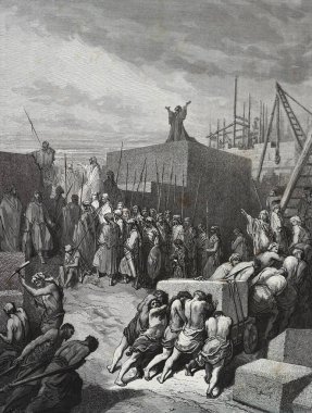 Tapınağı yeniden inşa etmek. Illustration by Gustave Dore from the third edition of the Bible translated by Ludwig Philippson, 1870, Stuttgart, Germany. Orijinal çizimler 1850-1853 döneminde yapılmıştır..