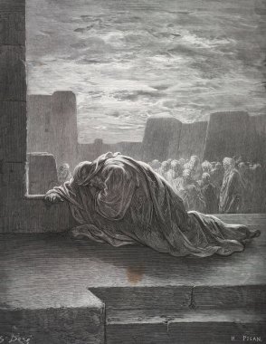 Ezra namaz kılıyor / dua ediyor. Illustration by Gustave Dore from the third edition of the Bible translated by Ludwig Philippson, 1870, Stuttgart, Germany. Orijinal çizimler 1850-1853 döneminde yapılmıştır..