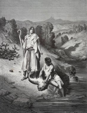 Tobias ve ben. Melek. Illustration by Gustave Dore from the third edition of the Bible translated by Ludwig Philippson, 1870, Stuttgart, Germany. Orijinal çizimler 1850-1853 döneminde yapılmıştır..