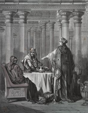 Esther Haman 'ı yozlaştırıyor. Illustration by Gustave Dore from the third edition of the Bible translated by Ludwig Philippson, 1870, Stuttgart, Germany. Orijinal çizimler 1850-1853 döneminde yapılmıştır..
