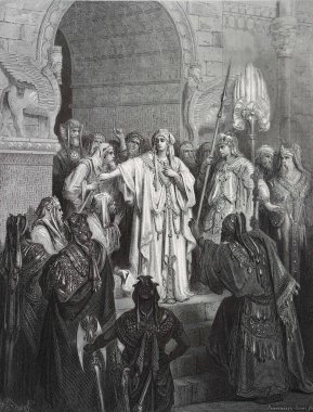 Kraliçe Basthi krala gelmeyi reddediyor. Illustration by Gustave Dore from the third edition of the Bible translated by Ludwig Philippson, 1870, Stuttgart, Germany. Orijinal çizimler 1850-1853 döneminde yapılmıştır..