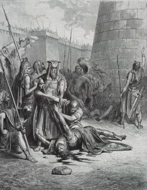 Abimelech 'in ölümü. Illustration by Gustave Dore from the third edition of the Bible translated by Ludwig Philippson, 1870, Stuttgart, Germany. Orijinal çizimler 1850-1853 döneminde yapılmıştır..